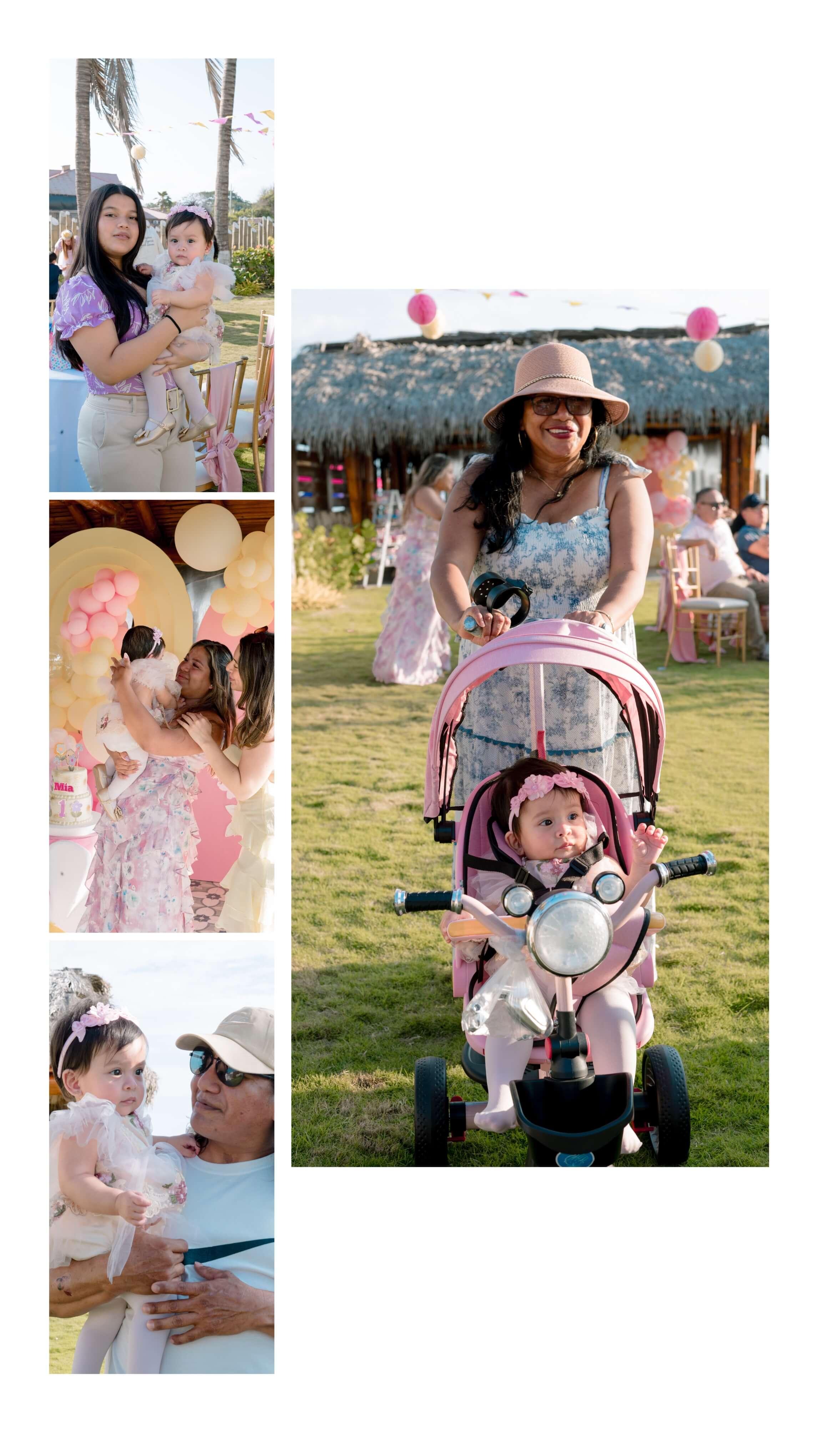 Collage de momentos del primer cumpleaños de Mía en Las Marías Playas con familiares, tricibici rosada y decoración floral